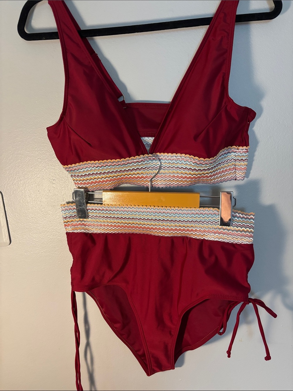 Women’s Maroon V-Neck high waist bathing suit with Multicolor Crochet Band